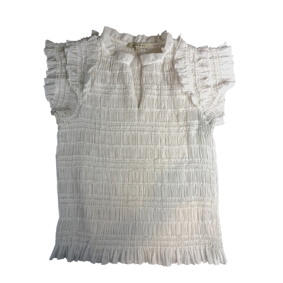 Anthropologie Sarah Hann Sheer Ruffle Shirred Top Blouse White Short Sleeve Sz L - Picture 5 of 11
